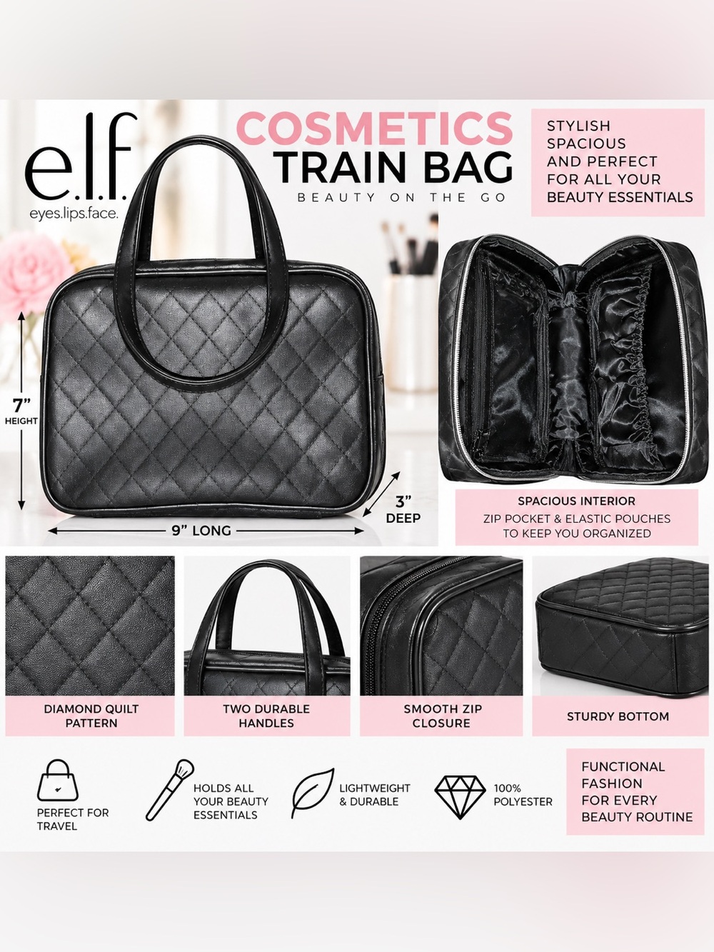 E.L.F. COSMETICS DIAMOND QUILTED TRAIN BAG - BLACK (NEW WITH TAGS) A30